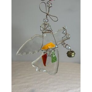 Handmade Fused Glass Angel Suncatcher Ornament Wire Wrapped Bell Hanging 7.5"